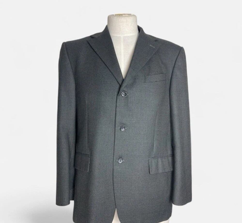Oscar De La Renta Mens Blazer 44R Gray Blue 💯 Wool Houndstooth 3 Button EUC